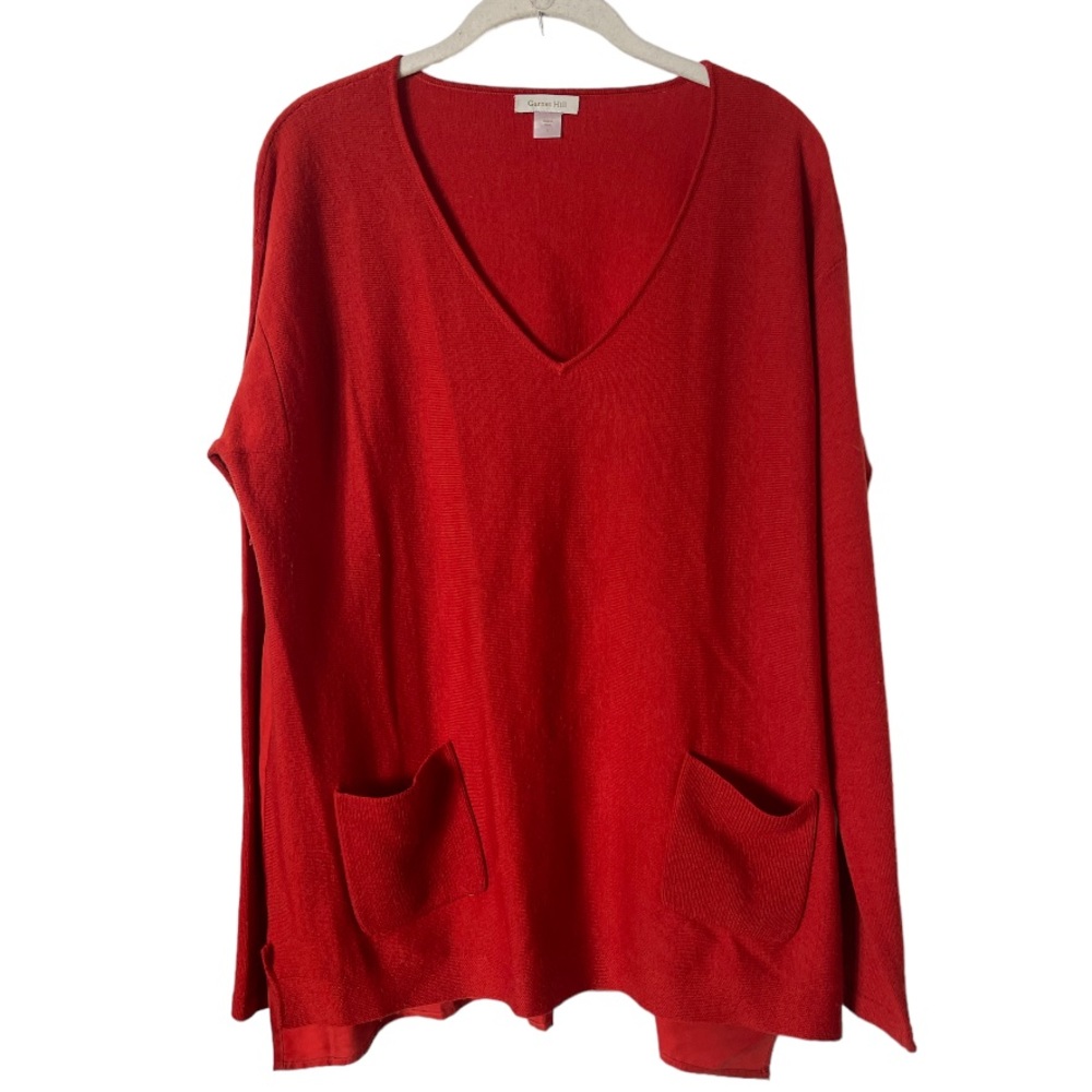 Garnet‎ Hill Orange V-Neck Oversized 100% Merino Wool Sweater with Silk Back L